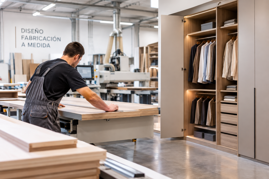 Fábrica de armarios a medida con profesional trabajando en la fabricación y armario personalizado